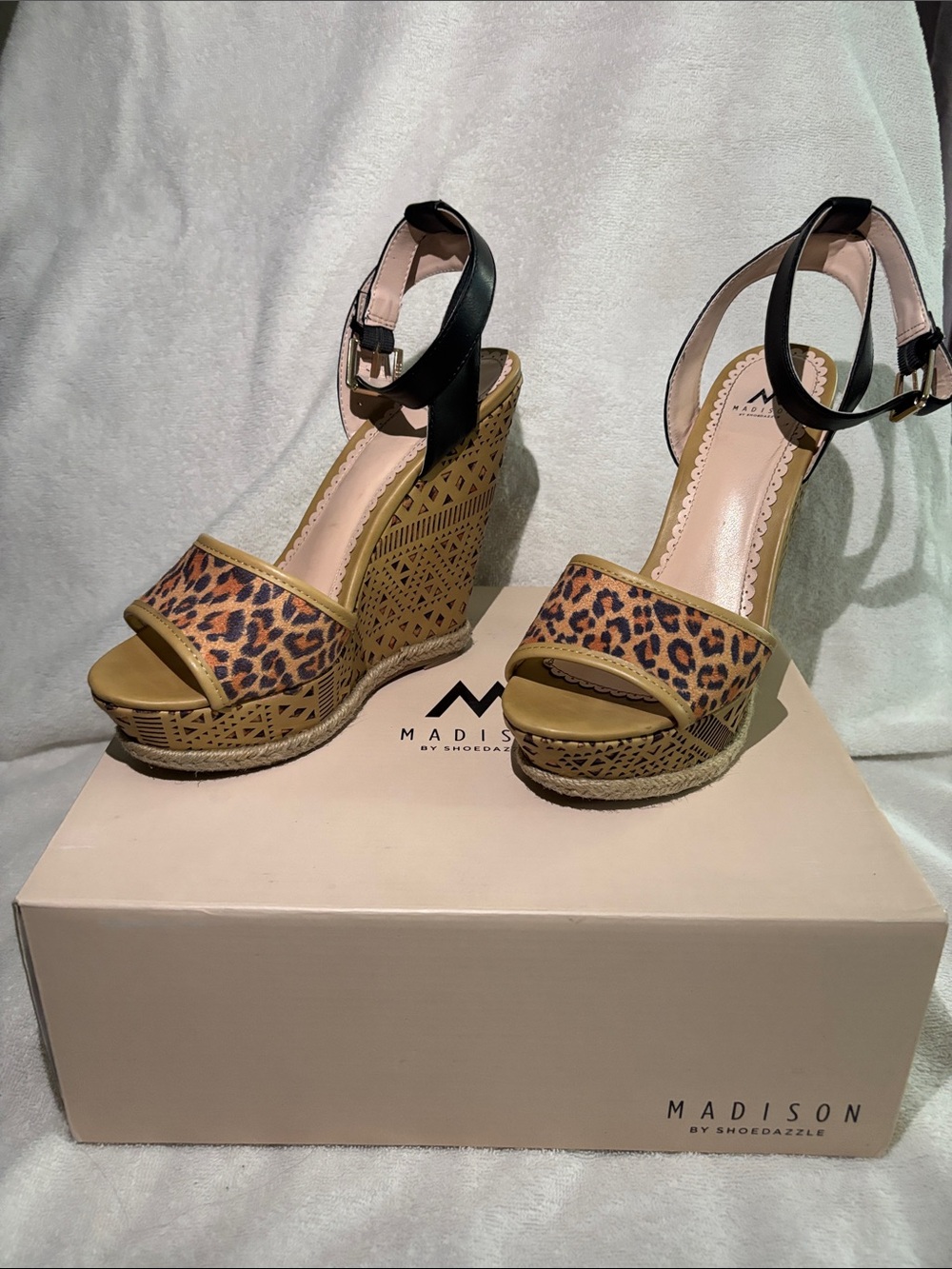 Madison Leopard-Print Wedge Sandals in Tan and Black